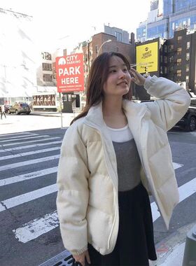 现货  羊毛毛呢立领90绒羽绒服女冬季宽松休闲单排扣面包服oun*e