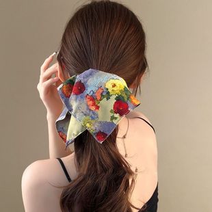 发圈方巾式浮世玫瑰~油画风花朵方巾发圈复古印花低马尾发饰氛围