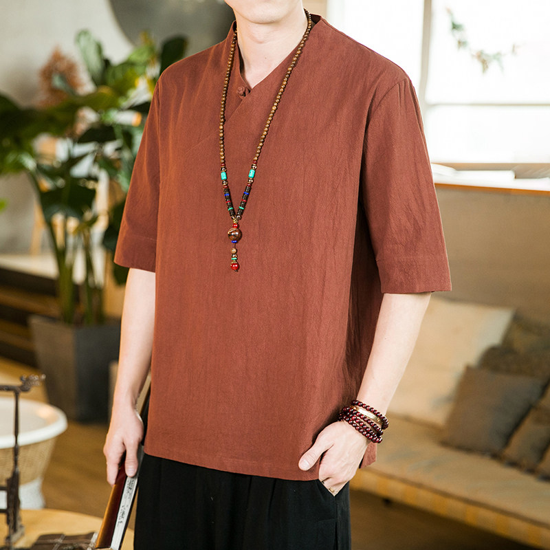 夏季棉麻斜襟汉服T恤中国风男复古休闲短袖衬衫宽松大码茶服半袖,男装,秀禾服,淘宝优惠券,粉丝福利购,淘宝优惠卷