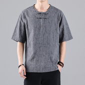 男宽松大码 夏季 t恤 T恤中式 复古盘扣汉服茶服短袖 薄款 棉麻提花唐装