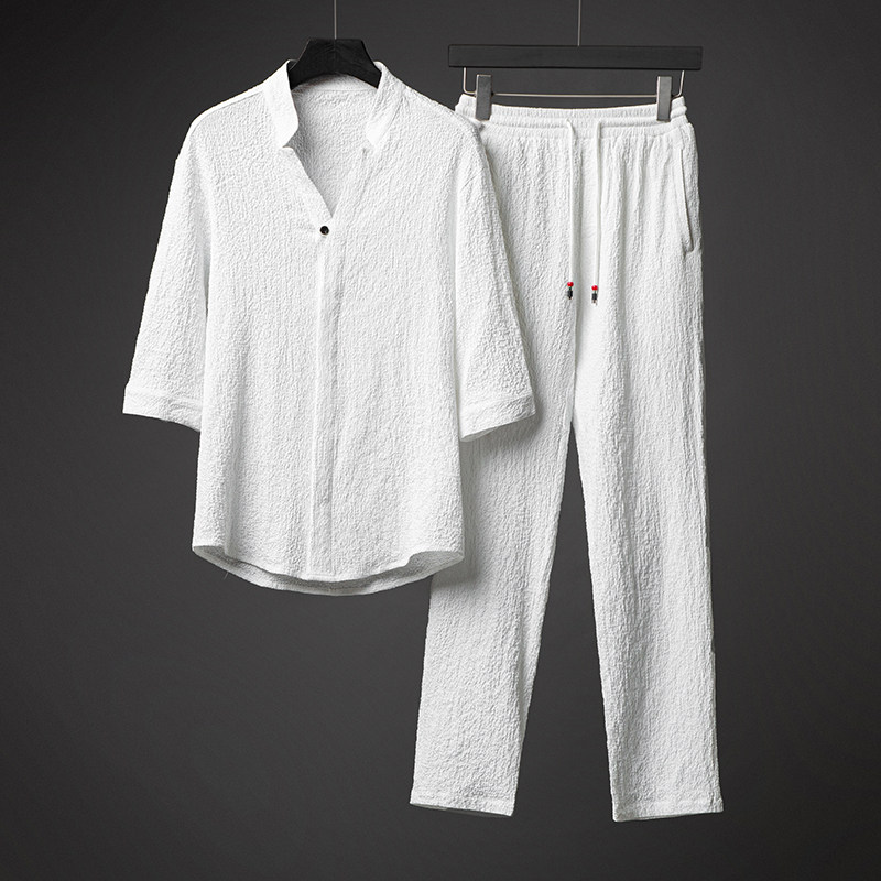 中国风夏季冰丝休闲唐装男套装中式复古衬衫半袖薄款微弹汉服茶服