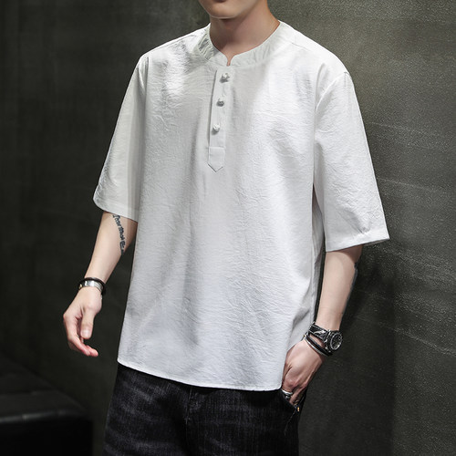 夏季薄款冰丝唐装短袖上衣中式休闲复古汉服T恤中国风宽松茶服t恤