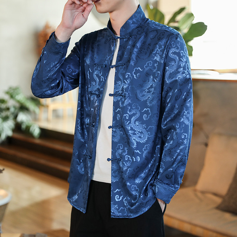 CHINESE STYLE ICE SILK RETRO BUCKLE TANG SHIRT CHINESE CASUAL PLUS SIZE TEA SHIRT MENS DARK PATTERN VERSATILE LONG SLEEVES