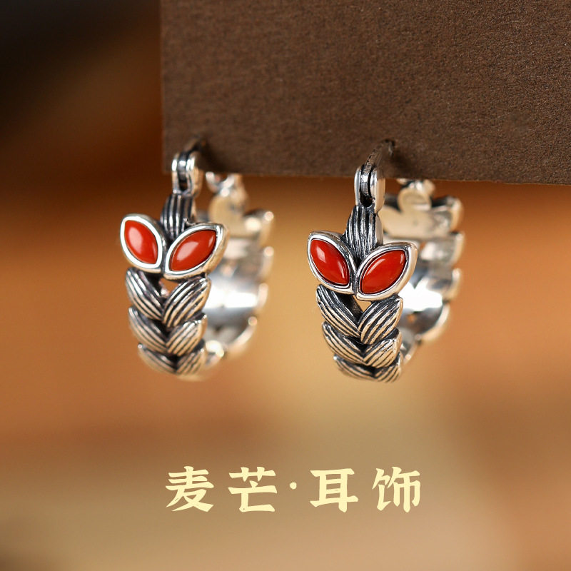 TANGFLOW925银女耳环麦穗米粒立体复古蒙红玛瑙民族风耳扣耳饰