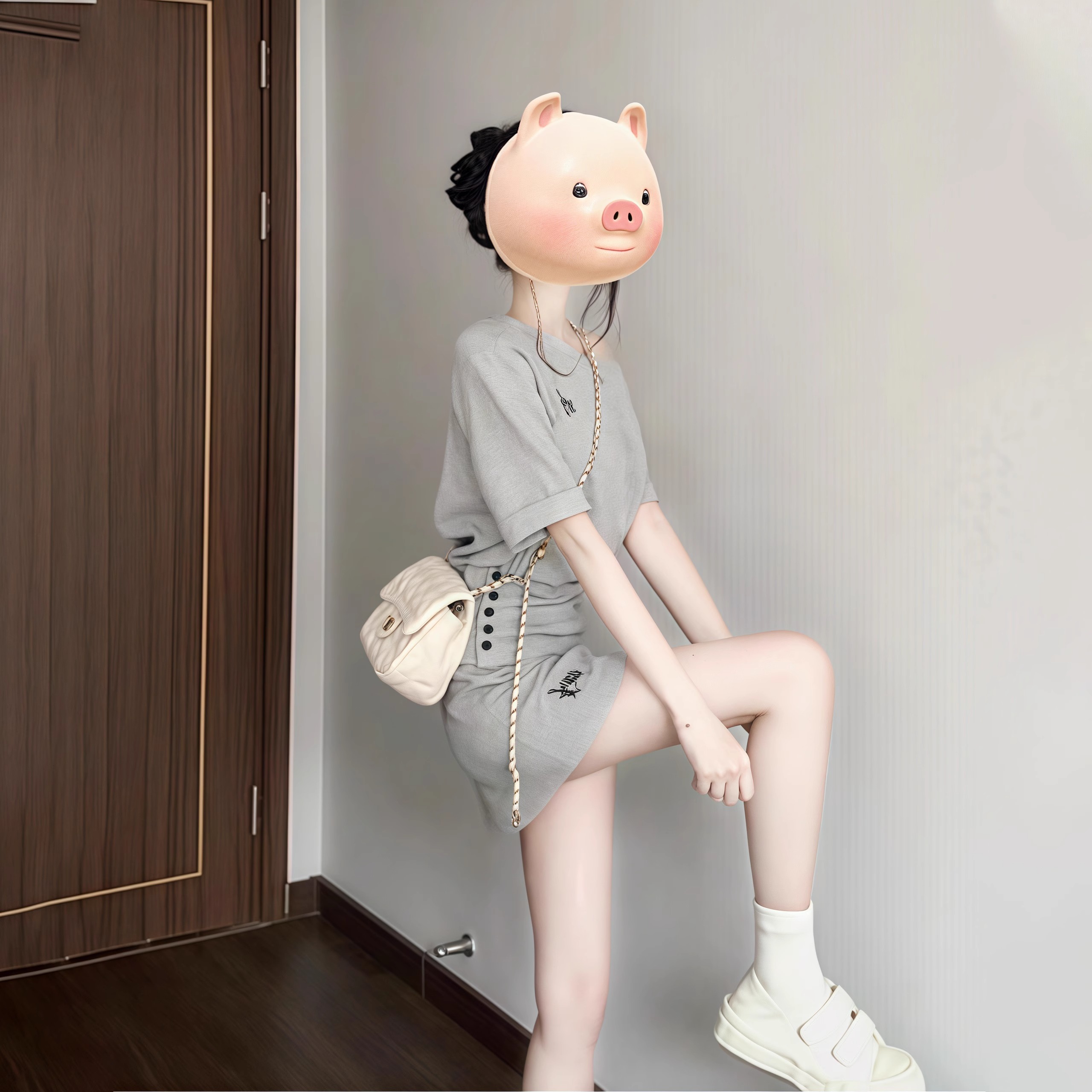 韩系运动休闲套装女夏季灰色斜肩收腰短袖上衣短款半身裙两件套女