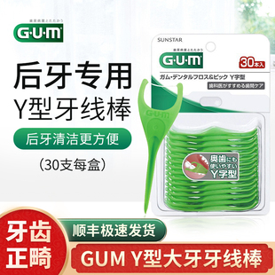 日本进口GUM牙线棒Y型家庭装儿童牙缝龋成人后槽大牙后牙专用30支
