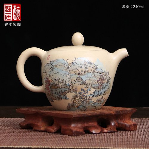 云南建水紫陶茶壶复古茶壶240ml泡茶壶茶具王天龙彩填山水壶Z86