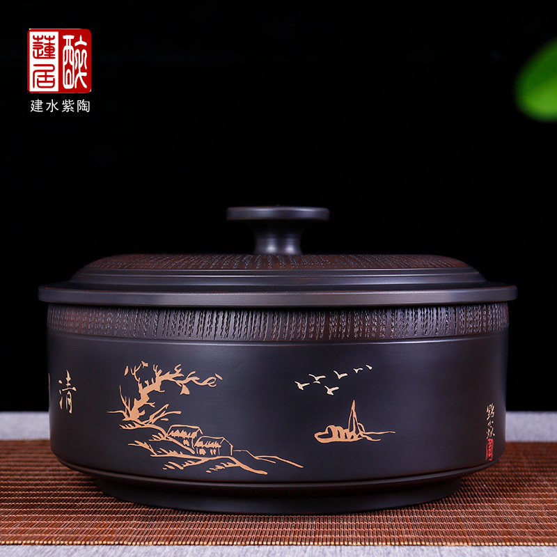 357克普洱饼三饼缸建水紫陶茶叶罐密封罐保鲜罐陶罐/大三饼缸L03