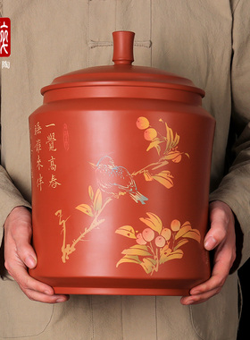 彩填青铜7饼缸 建水紫陶茶叶罐普洱饼缸储茶罐密封保鲜罐 E67 E66