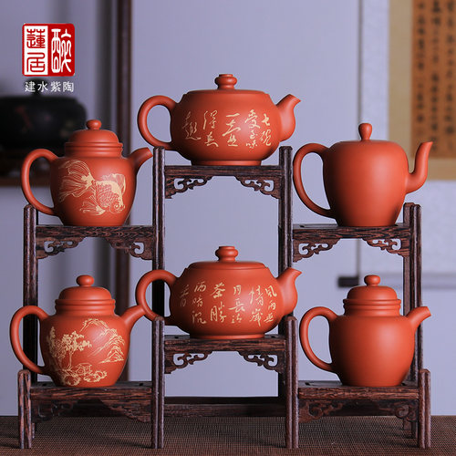 建水紫陶纯手工红泥彩填功夫茶壶