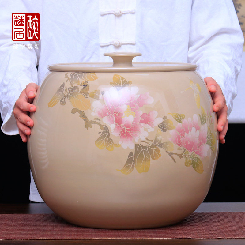 建水紫陶罐大茶罐手工陶器储茶罐/22饼白泥亮光大号苹果罐 G68-C