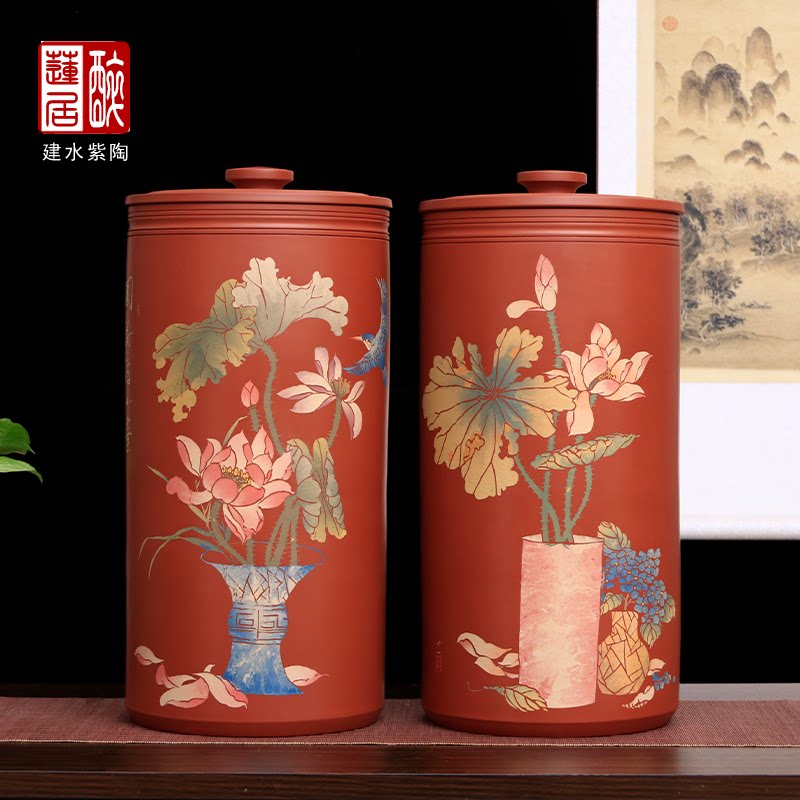 建水紫陶21饼大储茶缸,红泥复烧