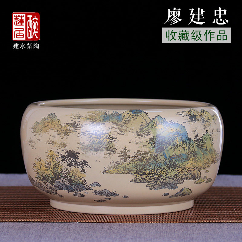 建水紫陶水洗水盂杯茶洗杯子金鱼缸 廖建忠 重工山水彩填水洗 Q45