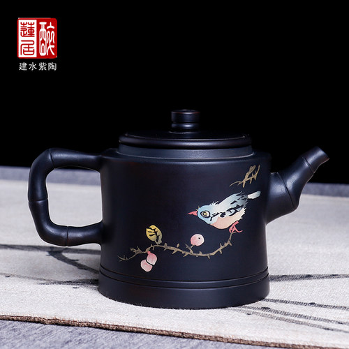 建水紫陶泡茶壶彩填竹节壶220ml