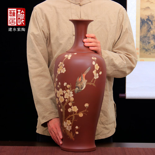 袁勇建水紫陶手工彩填花瓶摆件