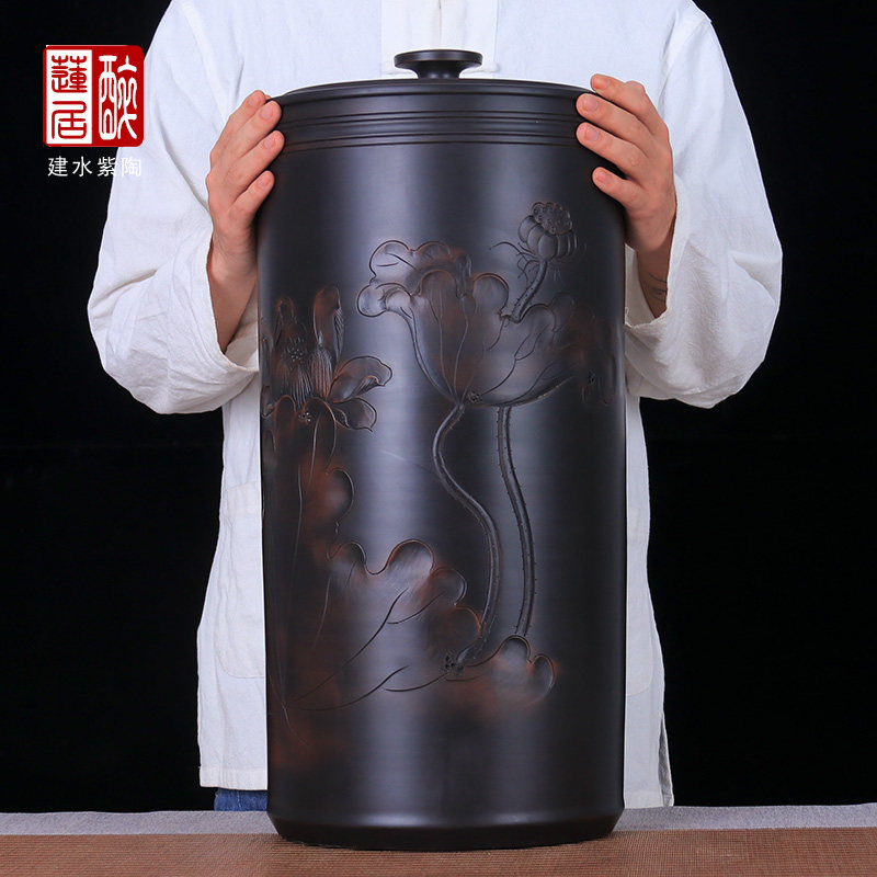 浮雕18饼缸 建水紫陶茶叶罐大储茶缸普洱饼白茶饼密封缸 M78