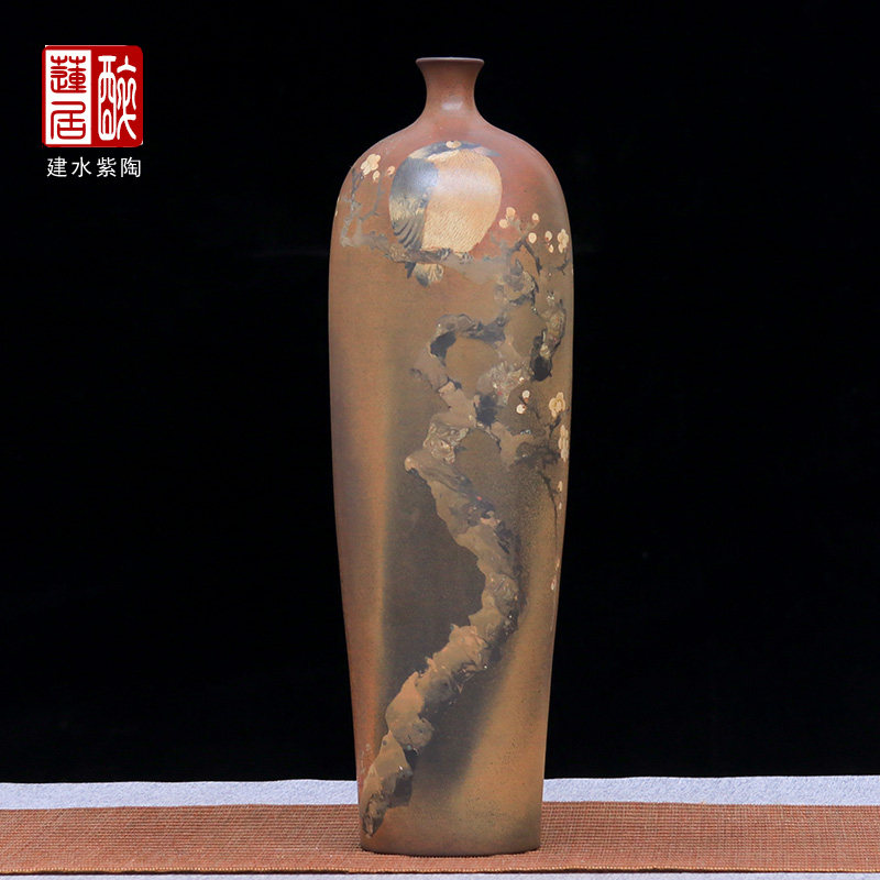 建水紫陶瓶花插家居装饰摆件/普忠华重工花鸟柴烧花瓶 R86