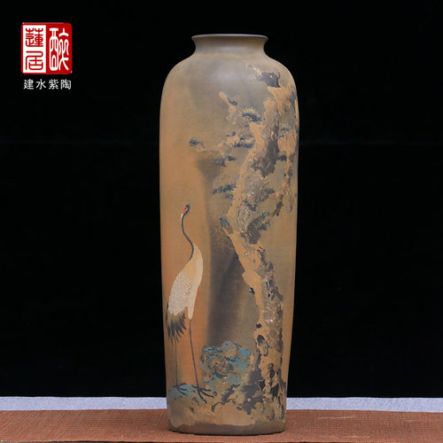 普忠华重工花鸟彩填柴烧花瓶