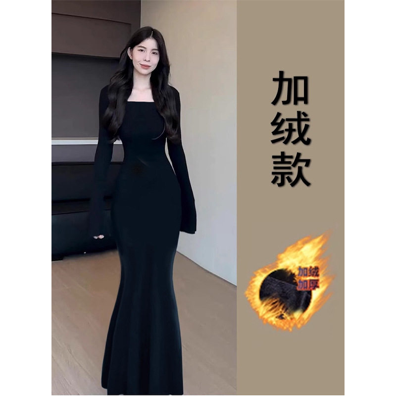 黑色鱼尾裙连衣裙女秋冬季加绒大衣内搭秋天长裙子小妈风穿搭套装