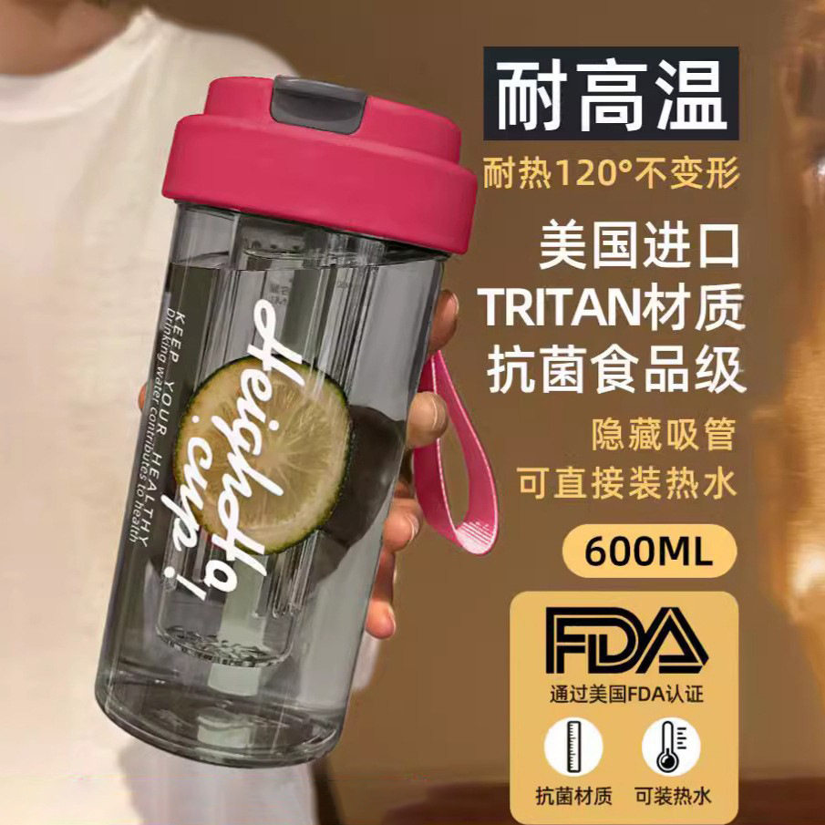 ins水杯女生高颜值夏季吸管学生便携茶水分离塑料耐高温杯子开水