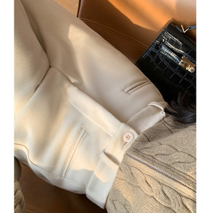 白色羊毛呢阔腿裤女春秋冬季加绒高腰糯米窄版休闲 直筒弯刀西装