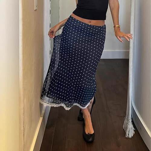 B 15073 Polka Dot Floral High Waist Knit Skirt 波点针织半身
