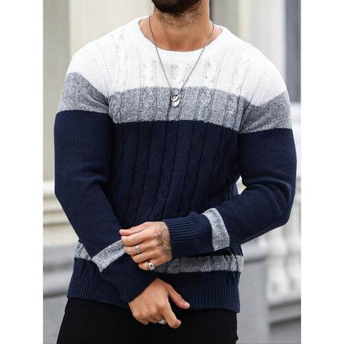 D 51972 Color Block Round Neck Knit Sweater 拼色圆领毛衣