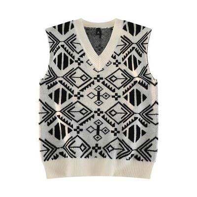 K 97014 Retro Ethnic Brown V Neck Jacquard Vest 复古民族风马