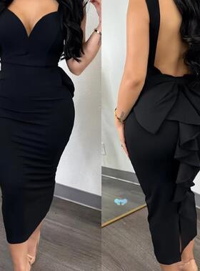 Elegant Black Midi Tank Dress wh Ruffle Detail and V Neck