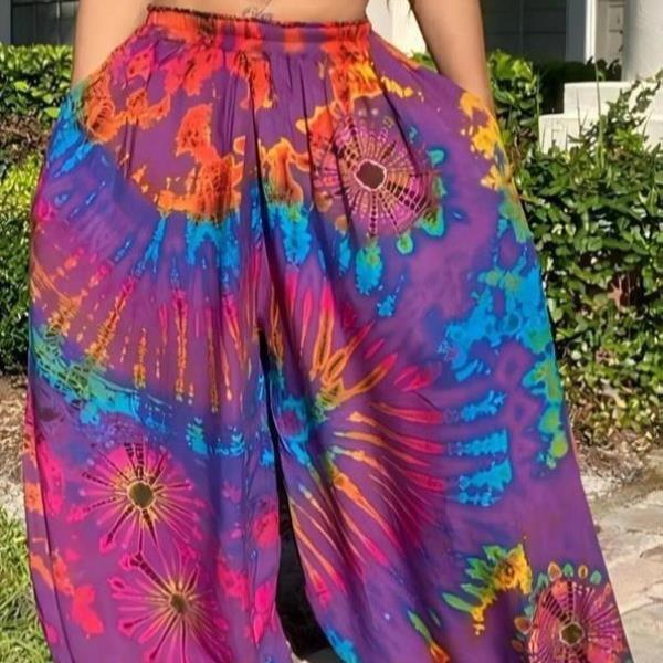 Spring All over Print Wide Leg Pants Summer Outfs Back To