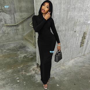 Slim fting hooded buttocks spl dress修身包臀开叉连衣裙女