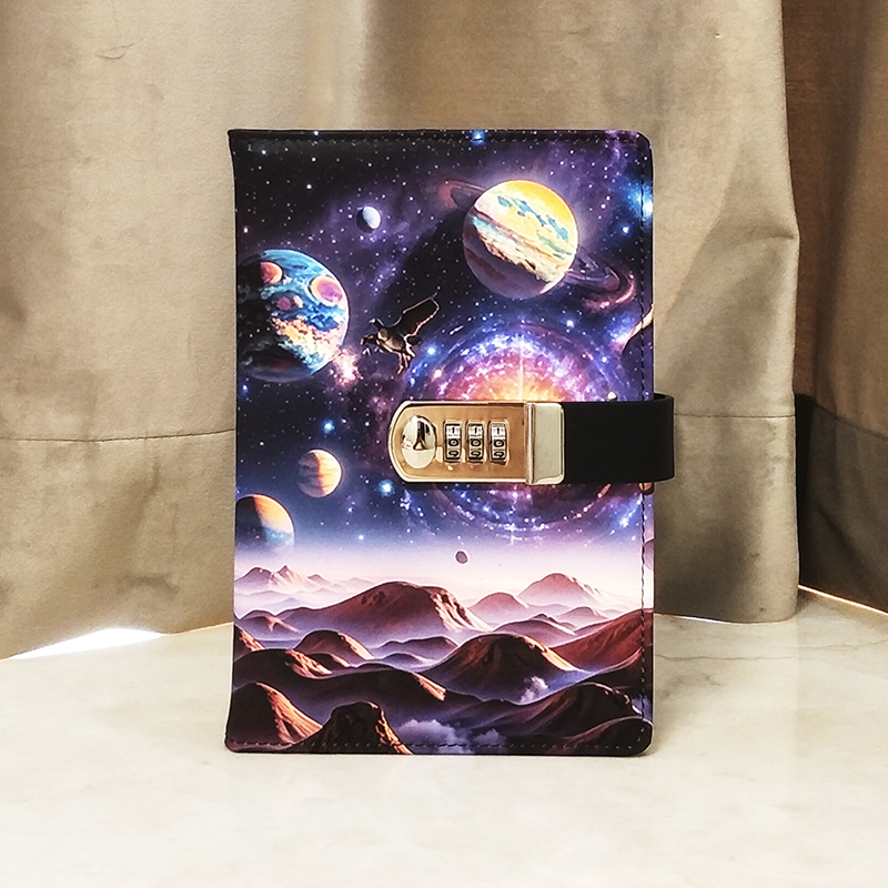 星球创意小学生密码本带锁日记本秘密简约笔记本文艺精致手账本复古文具加厚密码锁记账本横线线装本记事本子