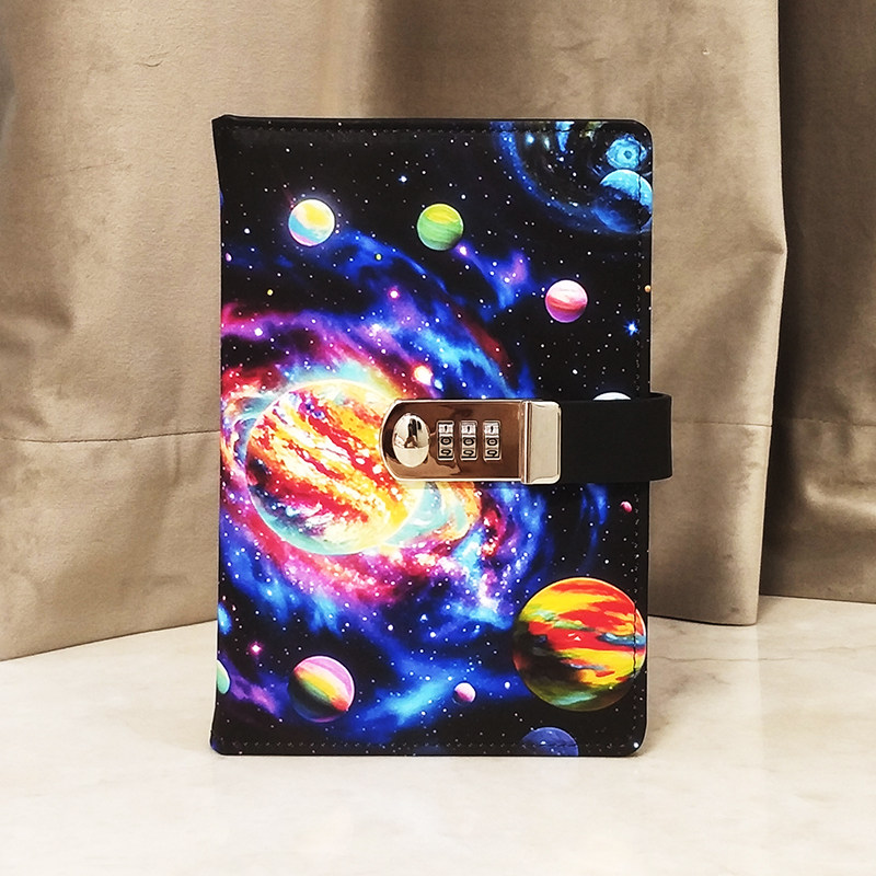 A5儿童密码本小学生日记本带锁星球笔记本子密码锁记事本文具个性文艺创意手账欧式复古日韩简约生日礼物皮本