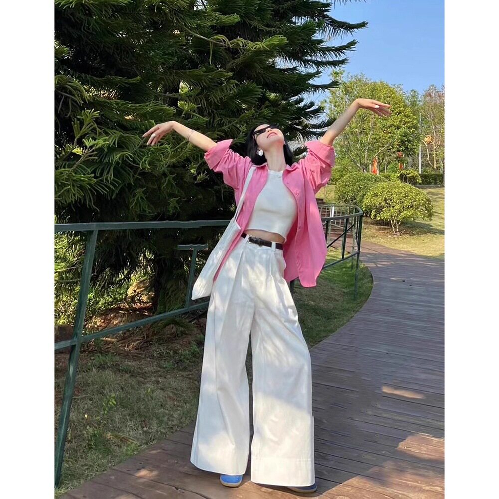 韩系套装女春季粉色长袖衬衫内搭吊带背心白色休闲阔腿长裤三件套