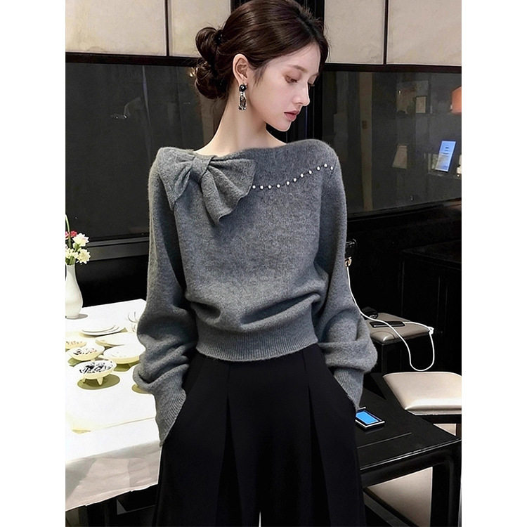 毛衣女款2026新款春秋巨好看气质高端灰色蝴蝶结内搭针织衫上衣厚