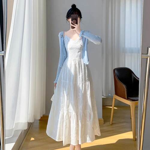 法式时尚吊带连衣裙2026夏季新款气质收腰显瘦防晒开衫两件套女