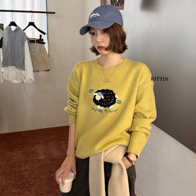 KITTIN秋冬韩系慵懒风卡通小羊图案宽松显瘦圆领长袖毛衣女Y11294