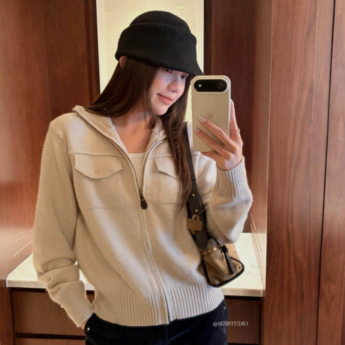 MZI STUDIO秋冬韩版慵懒风口袋中性百搭显瘦立领拉链毛衣女A80350