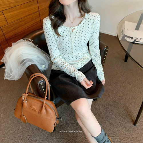 SUSAN秋装女法式复古风波点修身显瘦系带侧腰抽褶长袖针织衫6822s