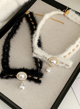 小众布艺项链珍珠吊坠锁骨链