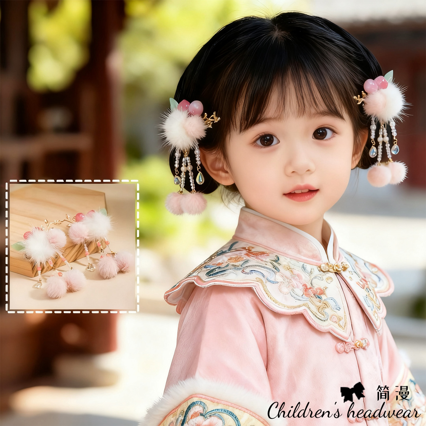 汉服头饰女儿童全套超仙古风粉色毛球桃子流苏发夹宝宝中国风配饰