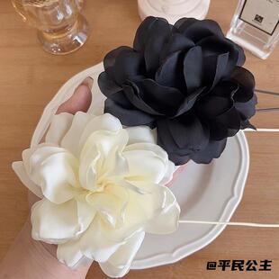 复古夸张超大黑白色花朵晚宴花朵系带项圈颈带束颈链配饰