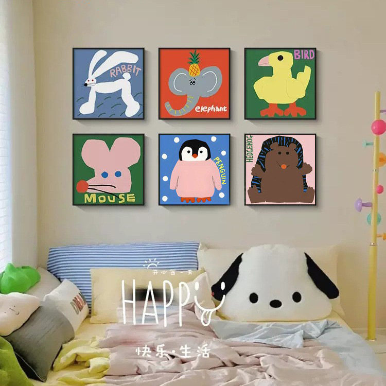 趣味多巴胺小动物ins风卧室装饰画卡通可爱儿童房挂画床头柜摆画