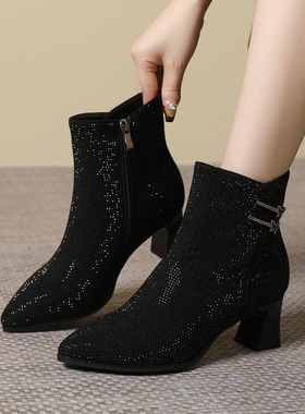 水钻粗跟短靴春秋黑色单靴2025新款时尚尖头妈妈鞋加绒高跟女鞋34
