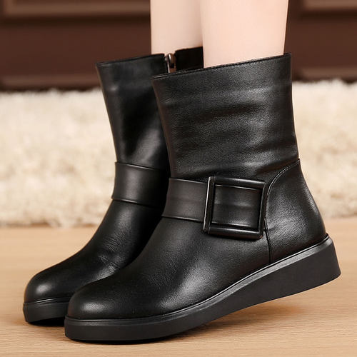 平跟大码牛皮中筒靴子舒适防滑