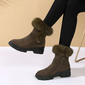 加绒加厚短靴2024新款 防滑厚底妈妈鞋 真皮大码 兔毛雪地靴女冬季 鞋