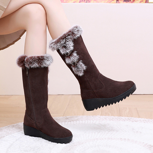 坡跟加厚雪地靴女兔毛真皮中筒靴冬季 长筒靴 加绒棉靴防滑大码