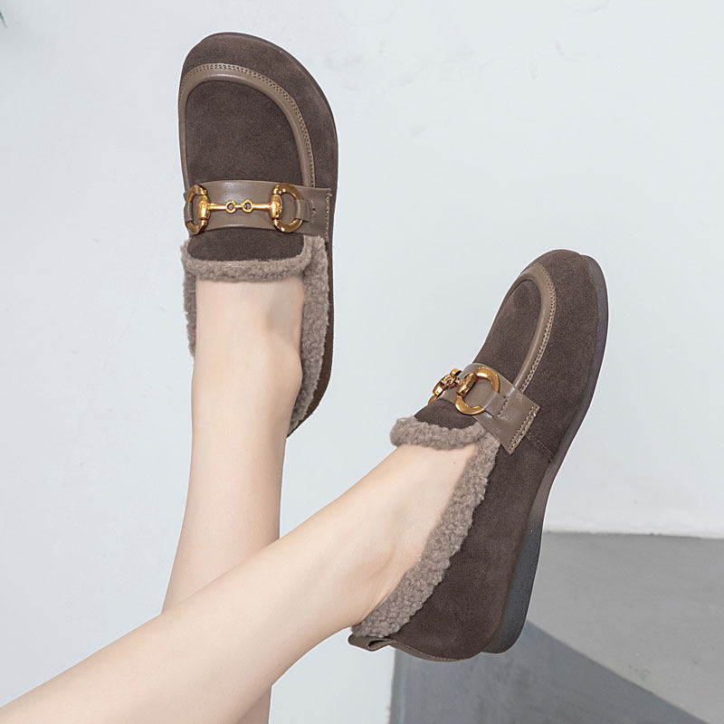 舒适一脚蹬软底毛毛鞋女冬磨砂真皮加绒平底棉鞋大码乐福鞋豆豆鞋,女鞋,乐福鞋（豆豆鞋）,淘宝优惠券,粉丝福利购,淘宝优惠卷