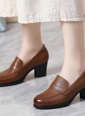 黑色深口工作高跟鞋粗跟真皮软底单鞋2024春秋通勤一脚蹬百搭女鞋