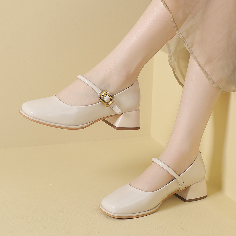 时尚一字带玛丽珍鞋2024春季粗跟真皮浅口小皮鞋百搭软底女士单鞋,女鞋,浅口单鞋,淘宝优惠券,粉丝福利购,淘宝优惠卷